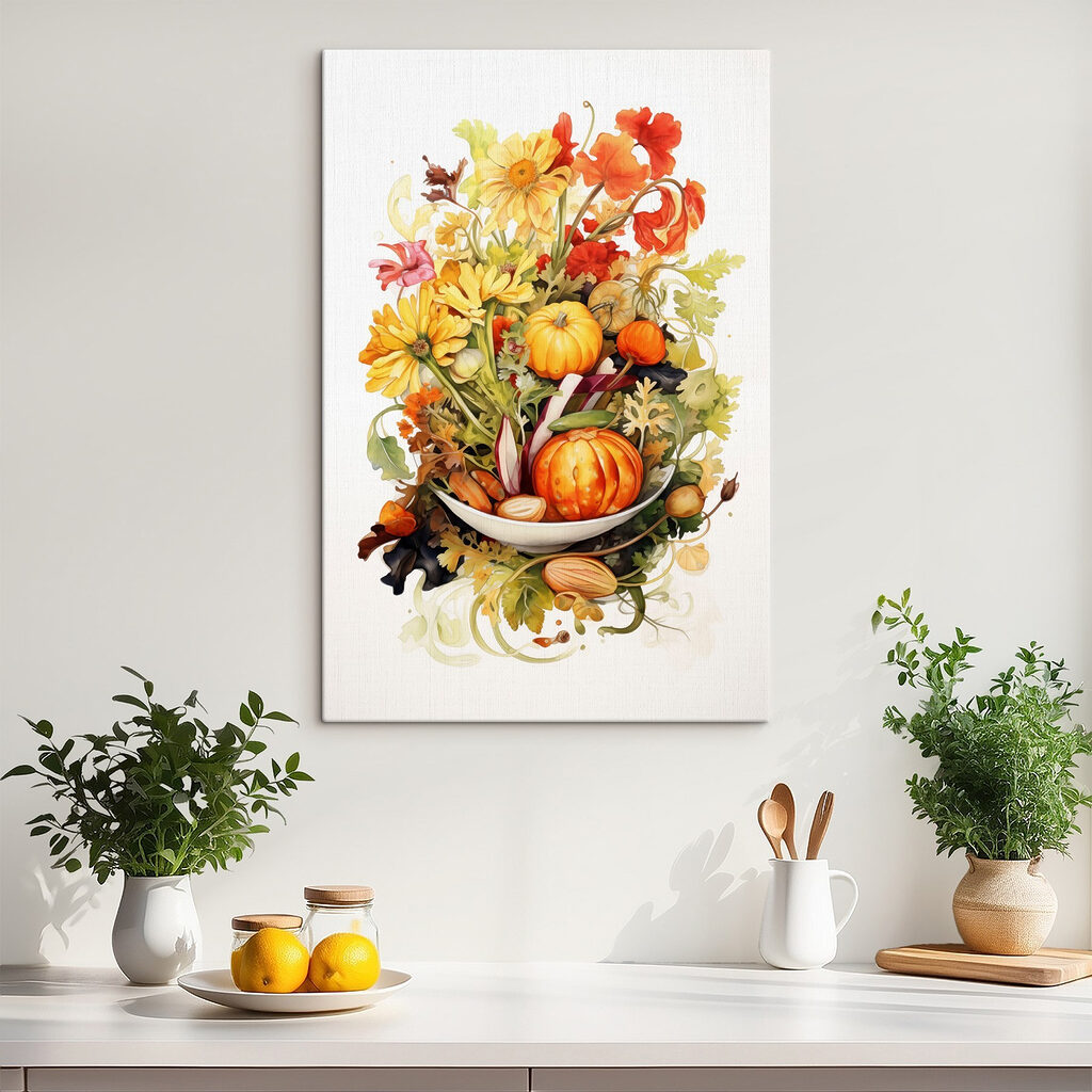 Watercolor painting of vegetables and flowers