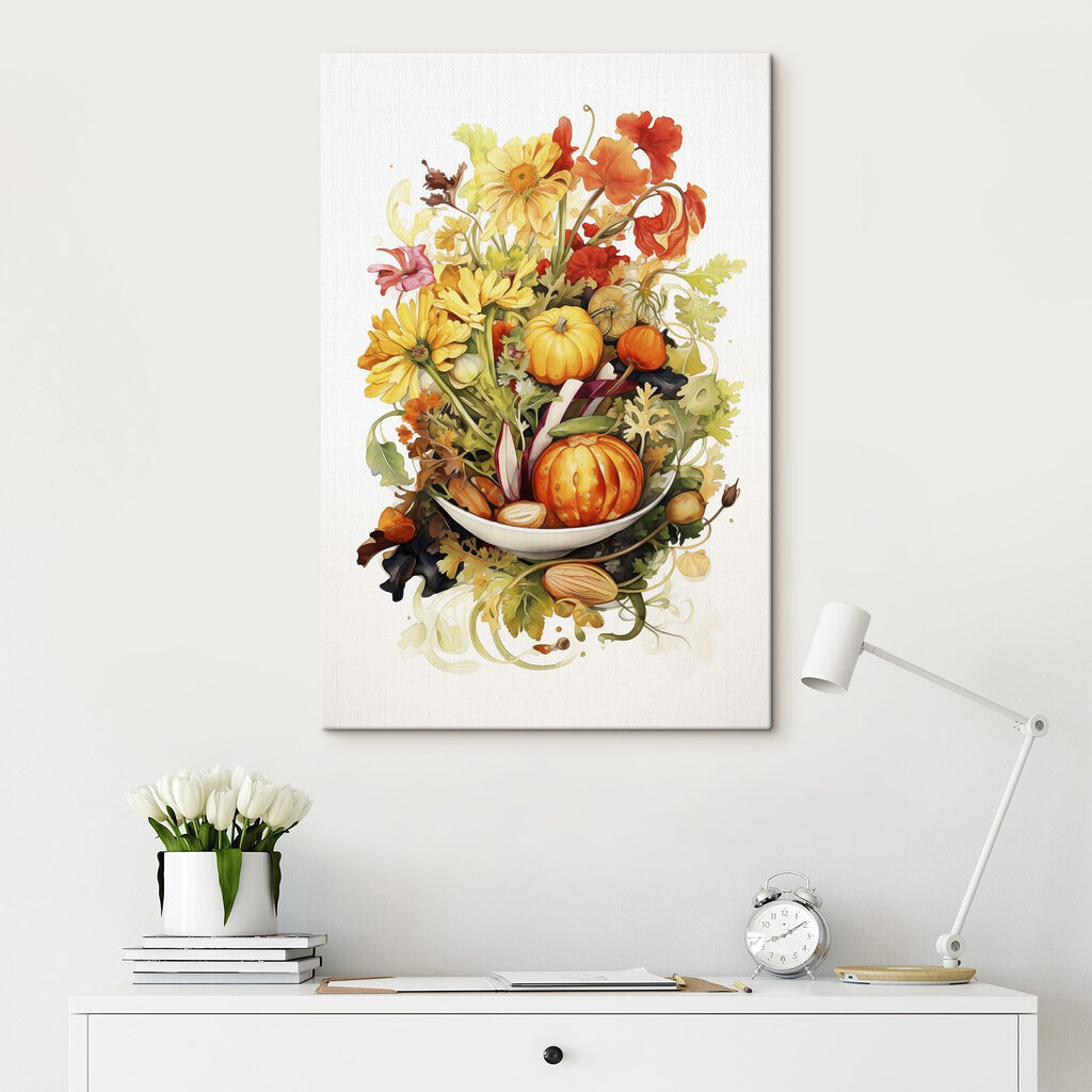 Watercolor painting of vegetables and flowers