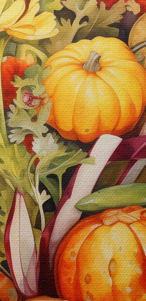 Watercolor painting of vegetables and flowers