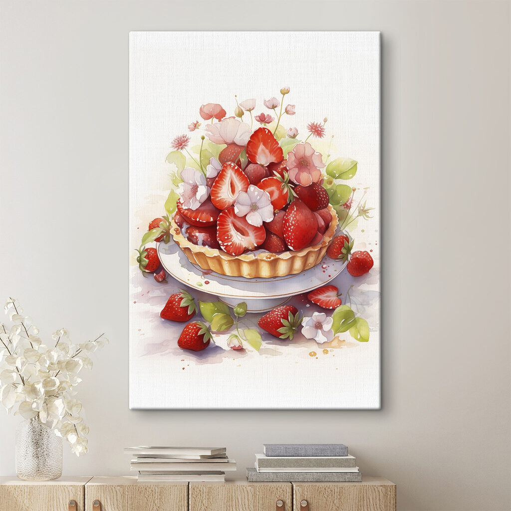 Watercolor of a pie with strawberries and flowers