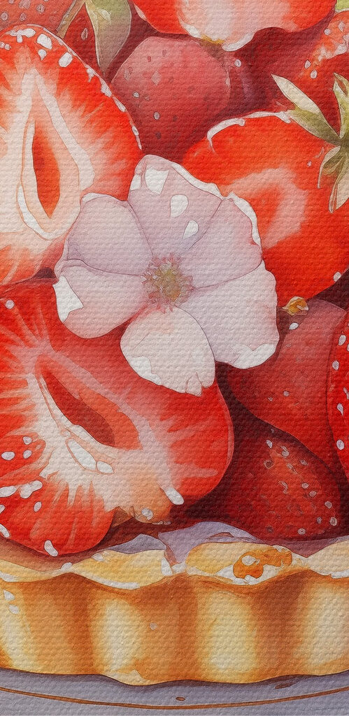 Watercolor of a pie with strawberries and flowers