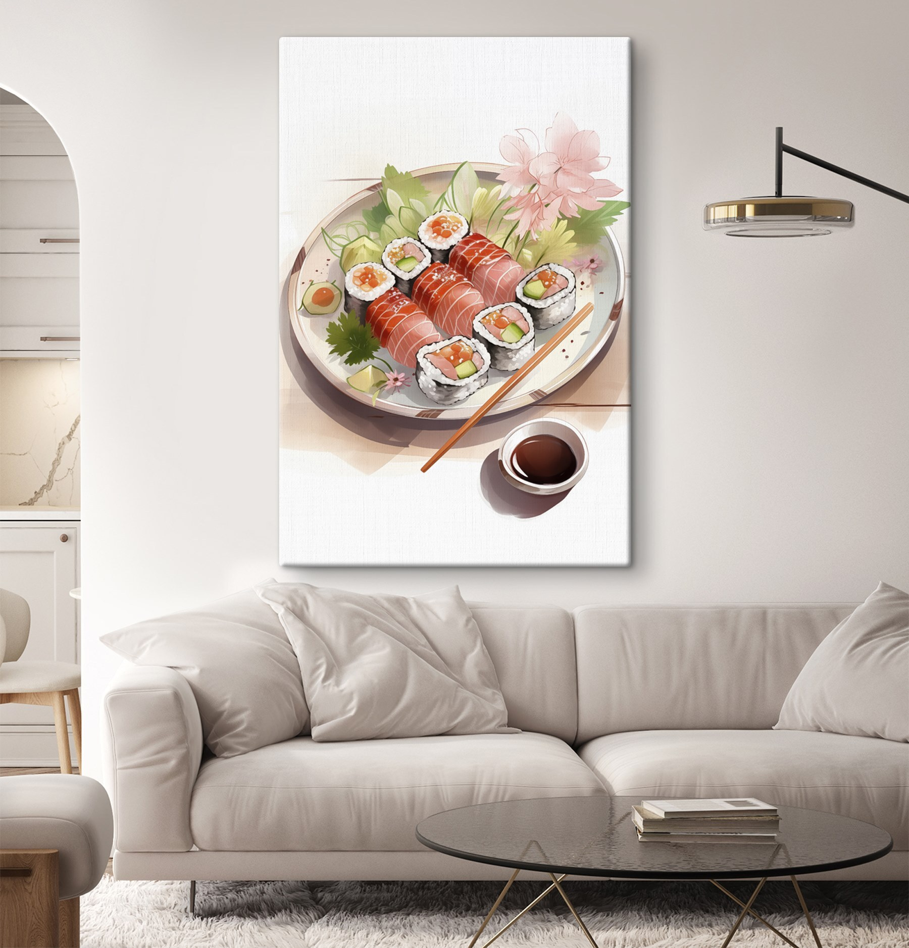Plate of sushi with sauce and flowers Plate of sushi with sauce and flowers