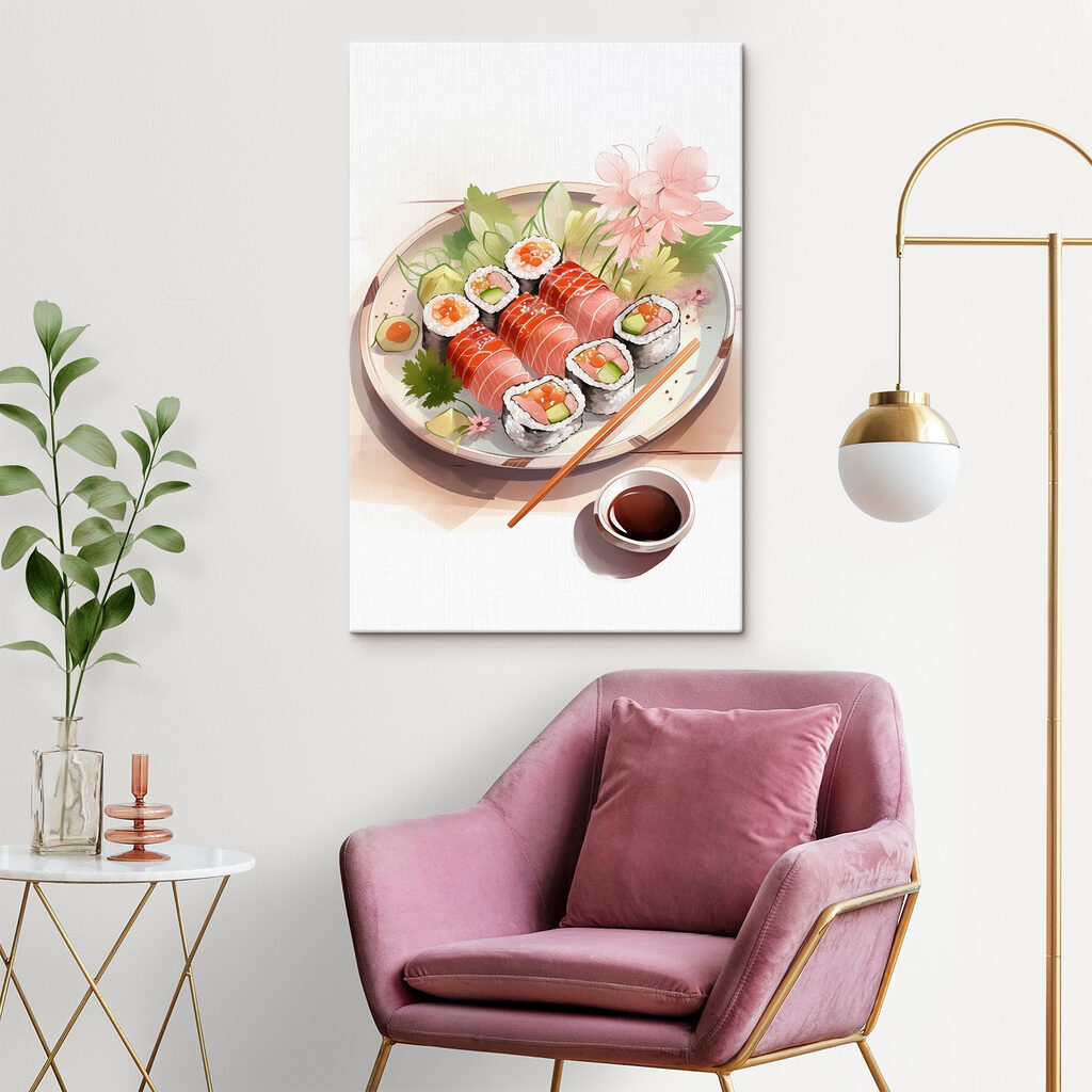 Plate of sushi with sauce and flowers Plate of sushi with sauce and flowers