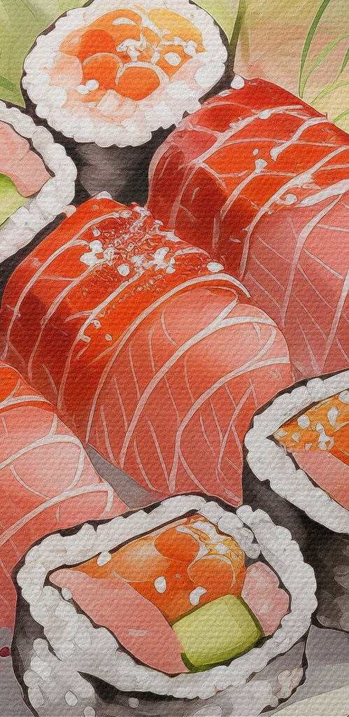 Plate of sushi with sauce and flowers Plate of sushi with sauce and flowers