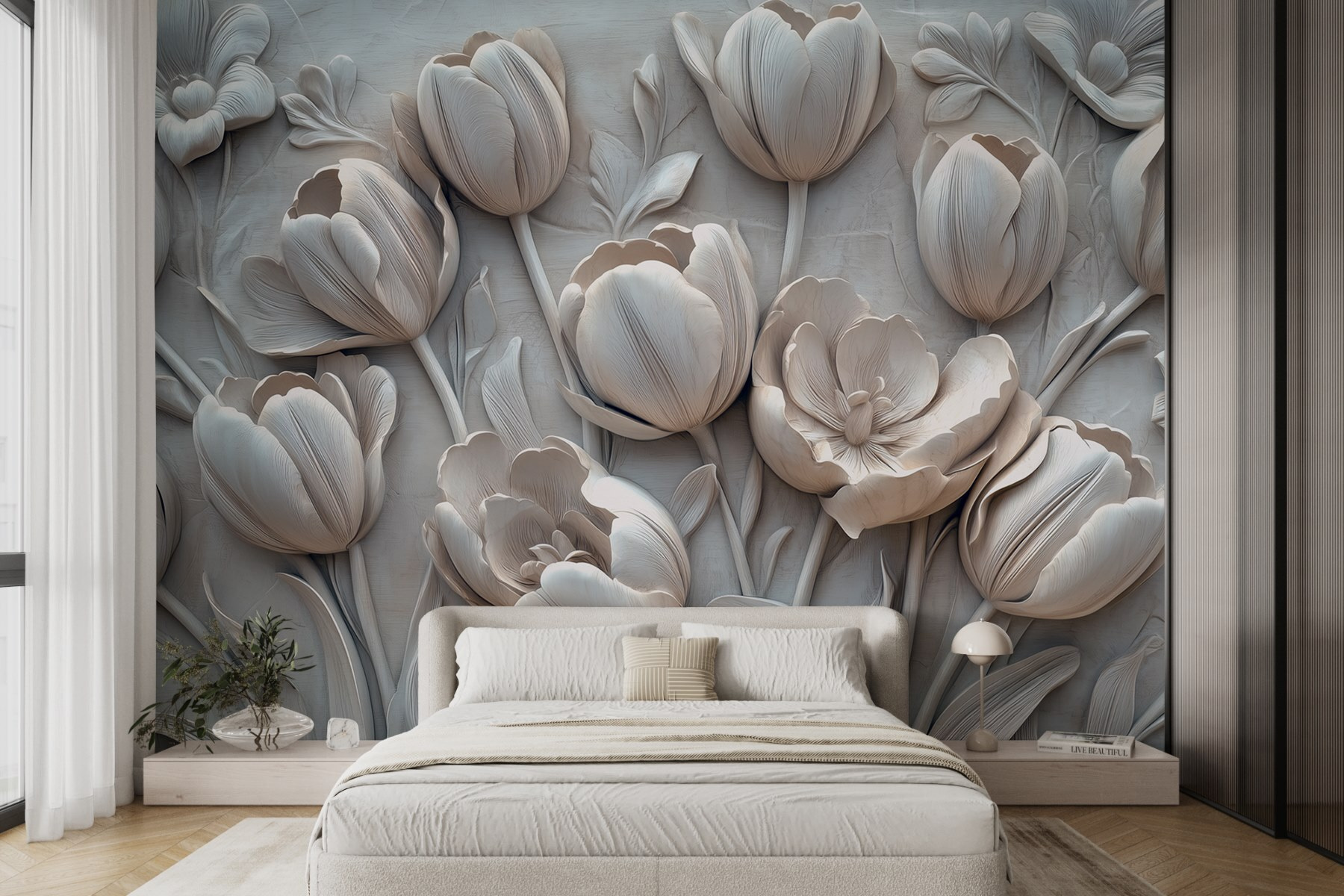 White flower carving on a wall