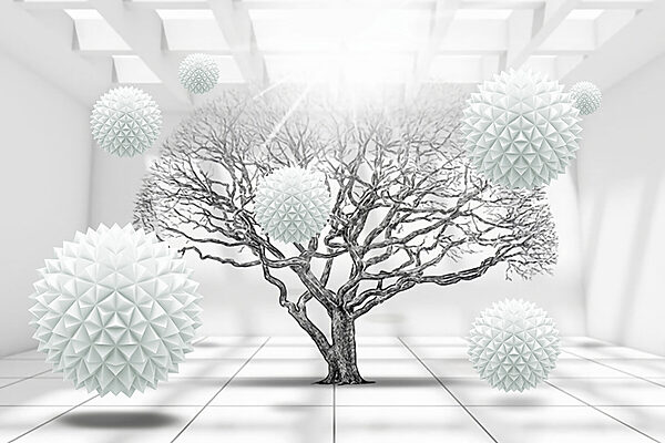 Tree with white balls floating in the air Tree with white balls floating in the air
