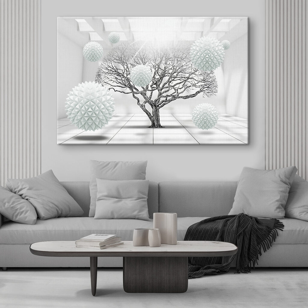 Tree with white balls floating in the air