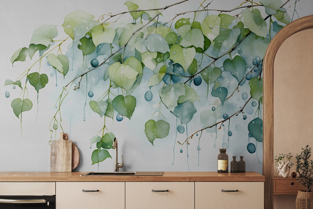 Watercolor painting of a branch with leaves and blue berries