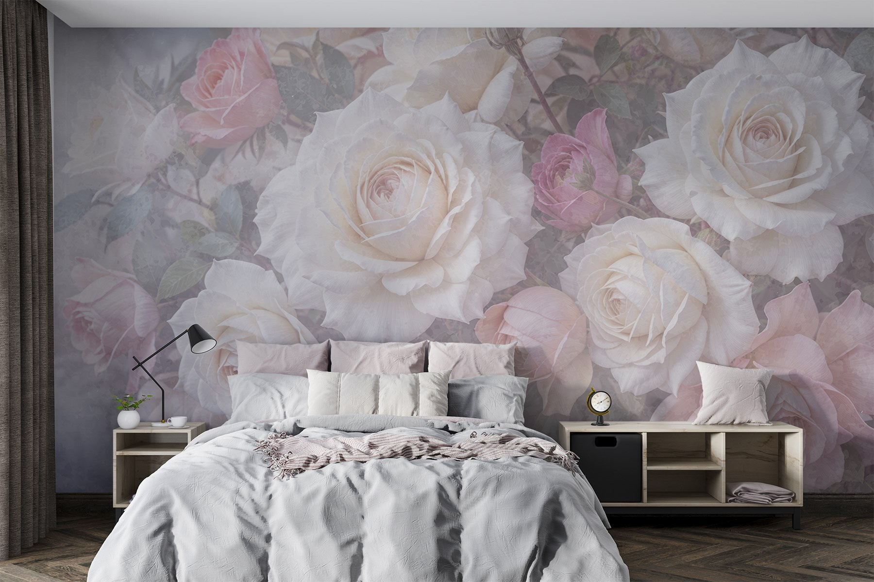 Group of white and pink roses