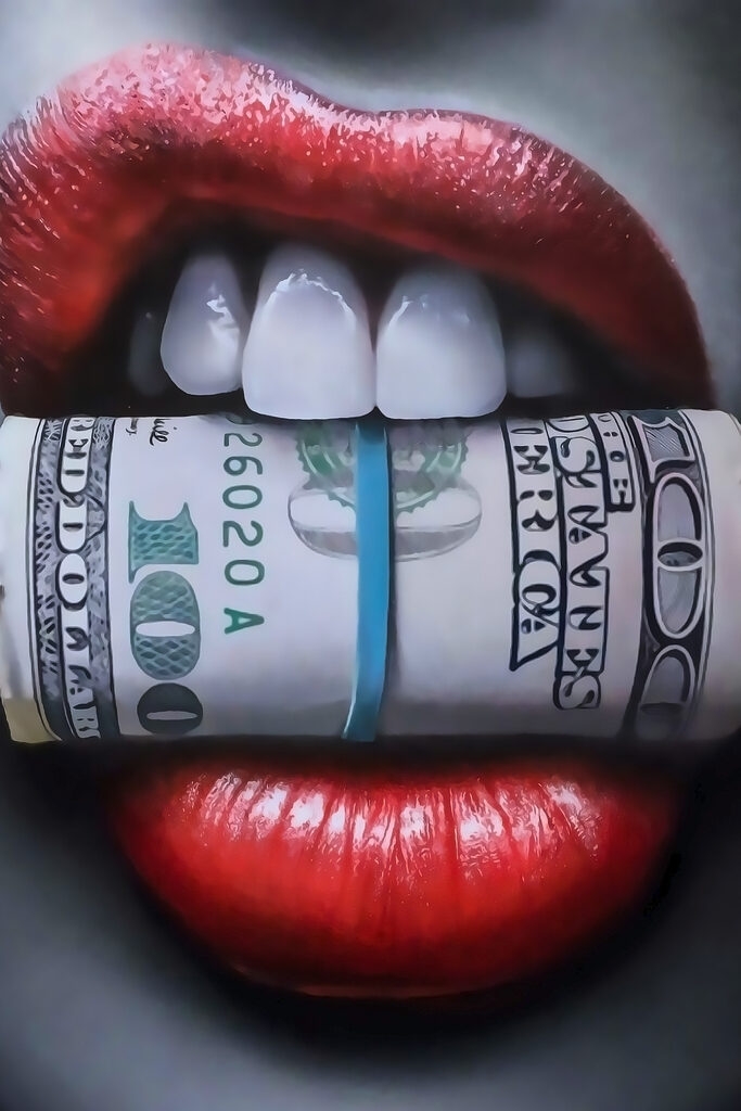 Bold lips holding cash tightly