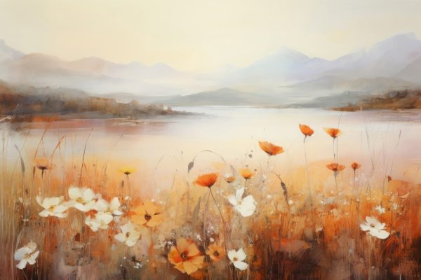Painting of flowers by a lake Painting of flowers by a lake