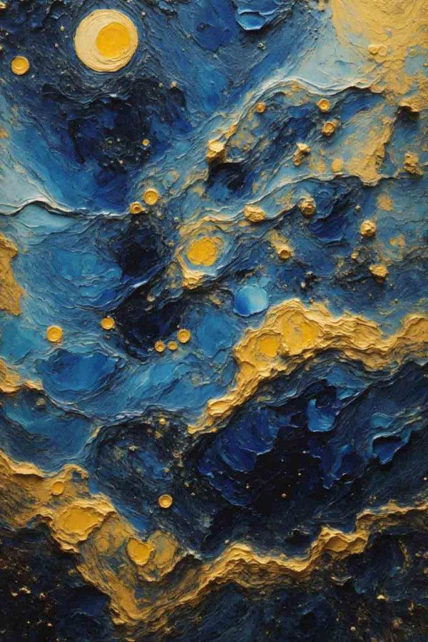 Azure waves and amber orbs dance Azure waves and amber orbs dance