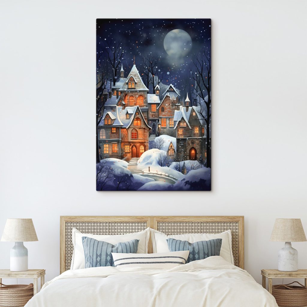 Snow covered houses in a snowy forest