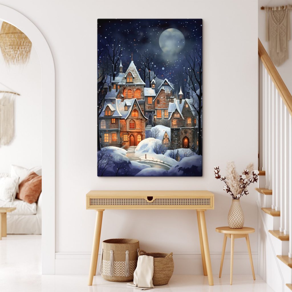 Snow covered houses in a snowy forest