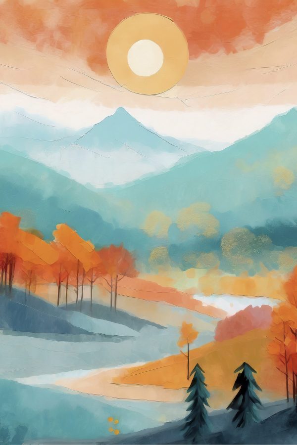 Painting of a landscape with trees and mountains Painting of a landscape with trees and mountains