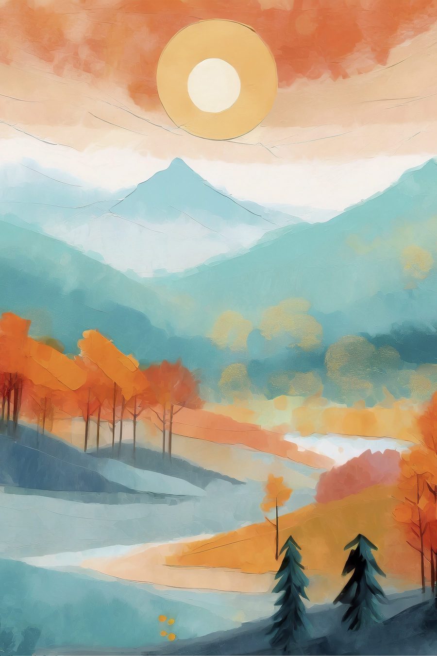 Painting of a landscape with trees and mountains Painting of a landscape with trees and mountains