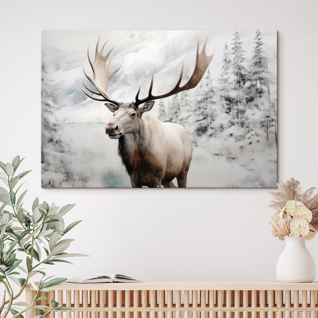 Moose with large antlers standing in a snowy forest