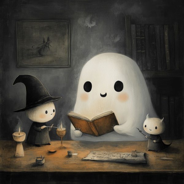Ghost reading a book with two little people Ghost reading a book with two little people