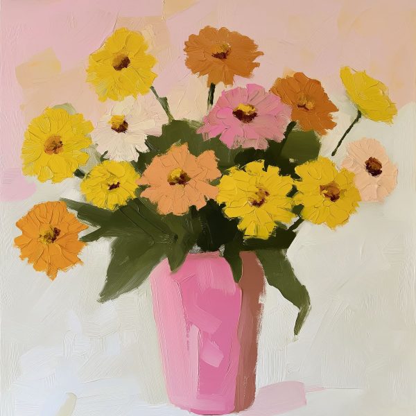 Painting of flowers in a pink vase Painting of flowers in a pink vase