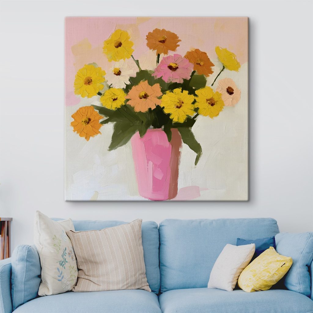 Painting of flowers in a pink vase Painting of flowers in a pink vase