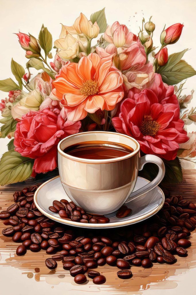 Cup of coffee and flowers