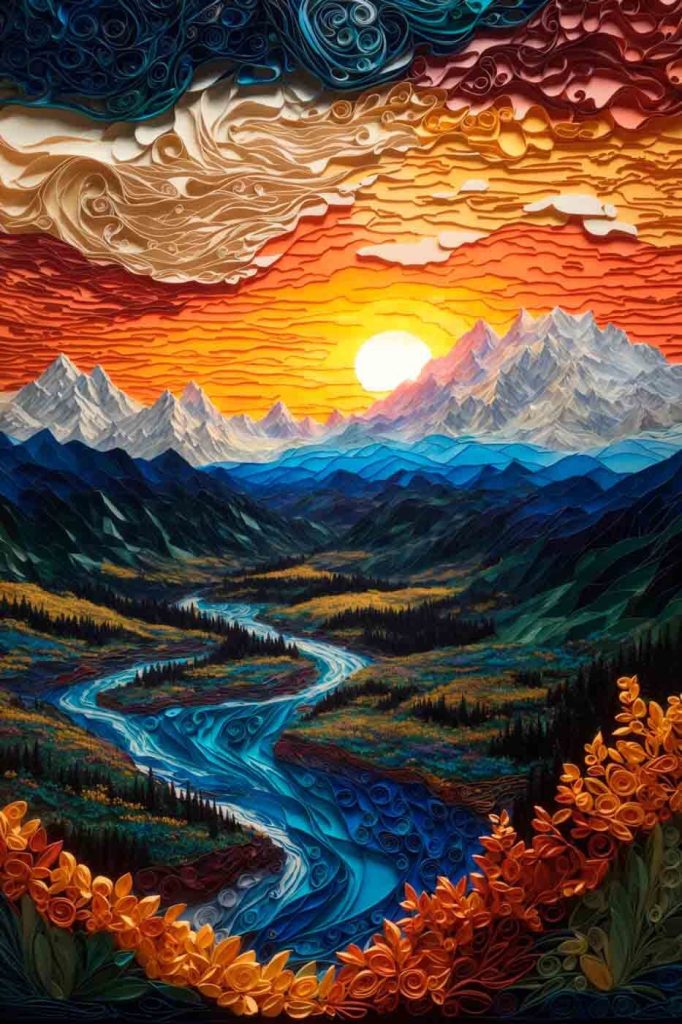Painting of a river running through a valley Painting of a river running through a valley