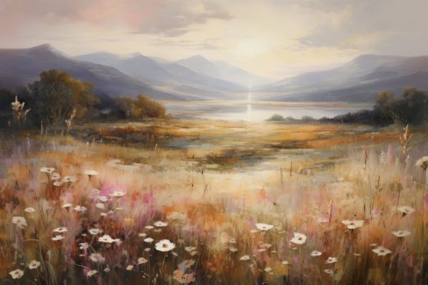 Painting of a field with flowers and mountains in the background Painting of a field with flowers and mountains in the background