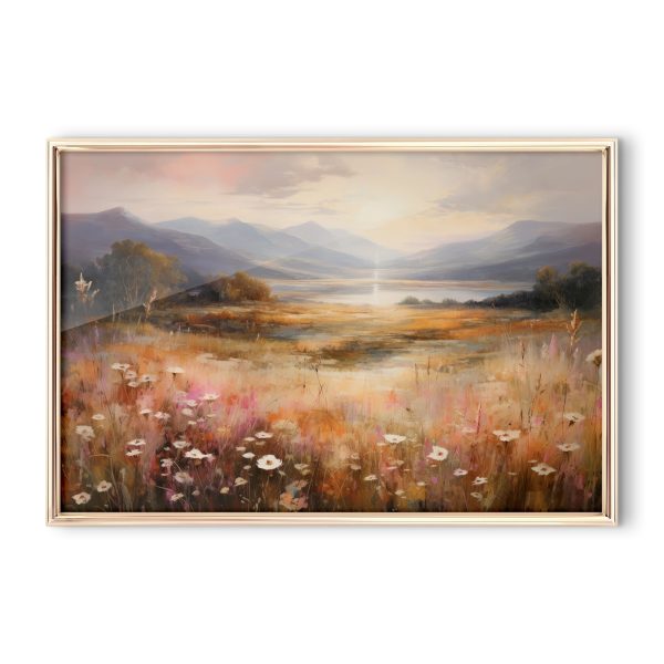 Painting of a field with flowers and mountains in the background Painting of a field with flowers and mountains in the background