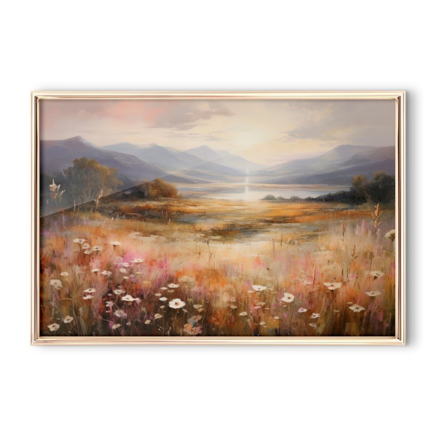 Painting of a field with flowers and mountains in the background Painting of a field with flowers and mountains in the background