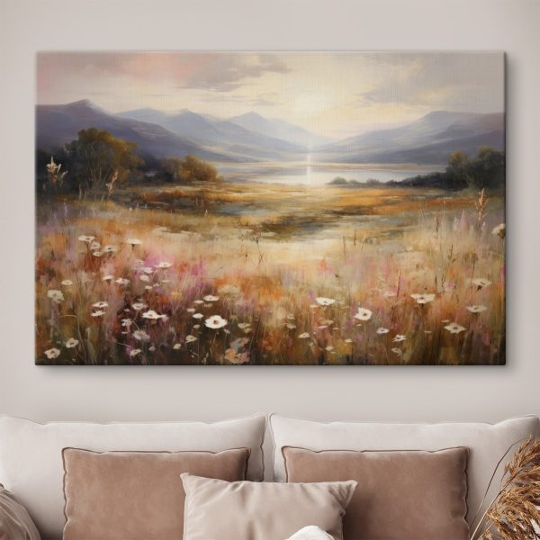 Painting of a field with flowers and mountains in the background Painting of a field with flowers and mountains in the background