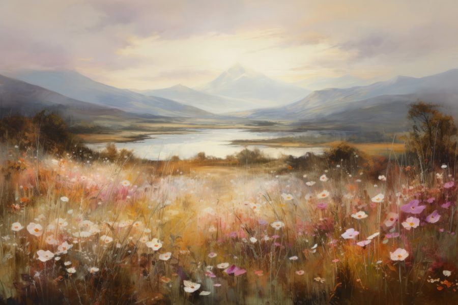 Painting of a field of flowers and a lake Painting of a field of flowers and a lake
