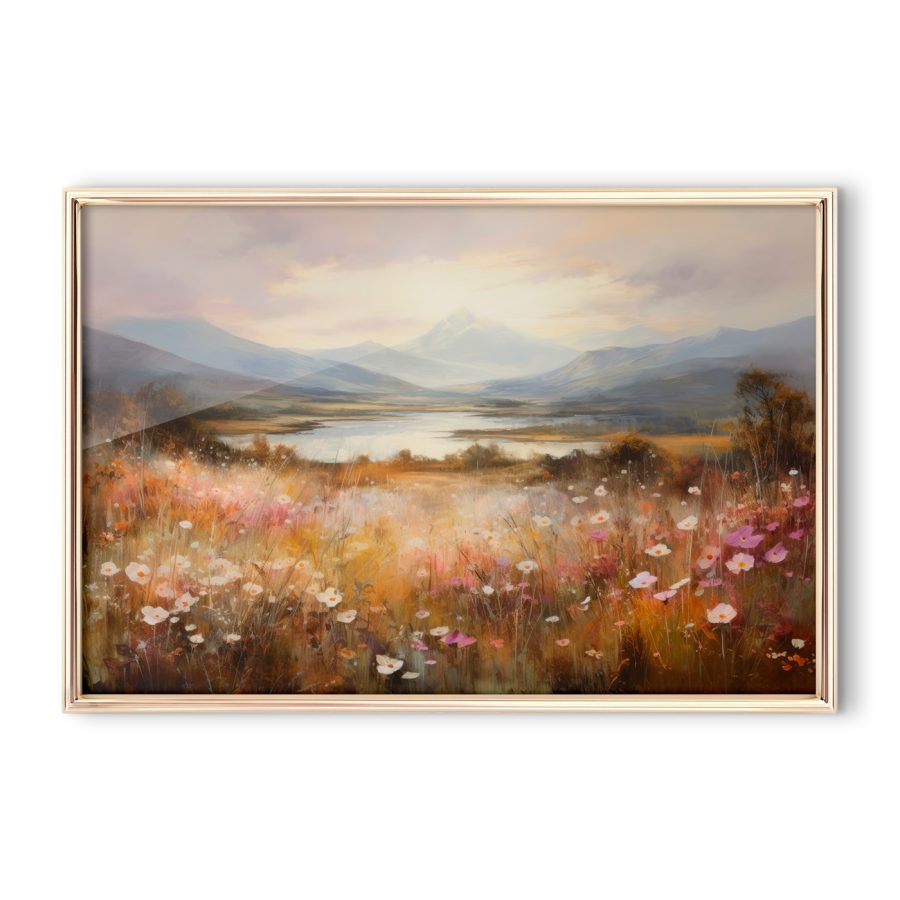 Painting of a field of flowers and a lake Painting of a field of flowers and a lake