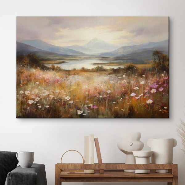 Painting of a field of flowers and a lake Painting of a field of flowers and a lake