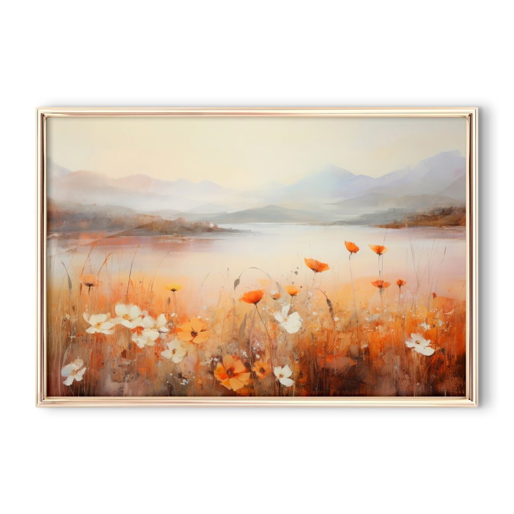 Painting of flowers by a lake Painting of flowers by a lake