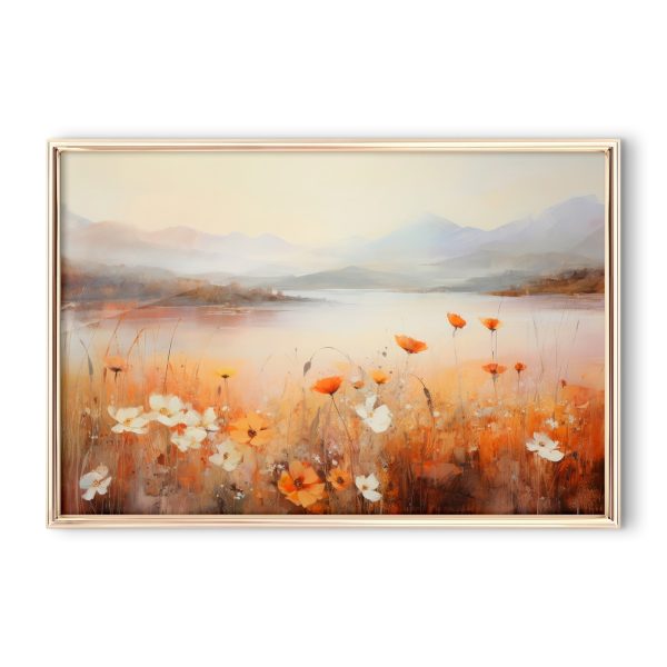Painting of flowers by a lake Painting of flowers by a lake