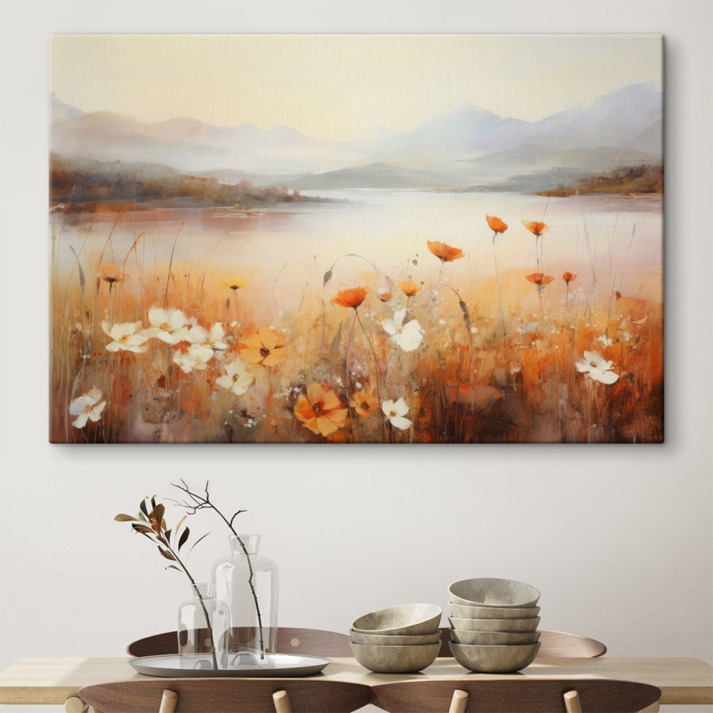 Painting of flowers by a lake Painting of flowers by a lake