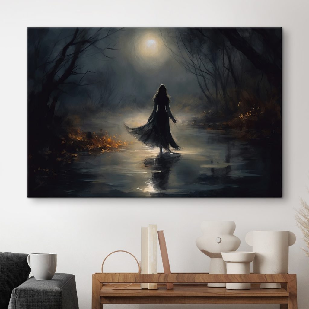 Woman walking in a dark forest