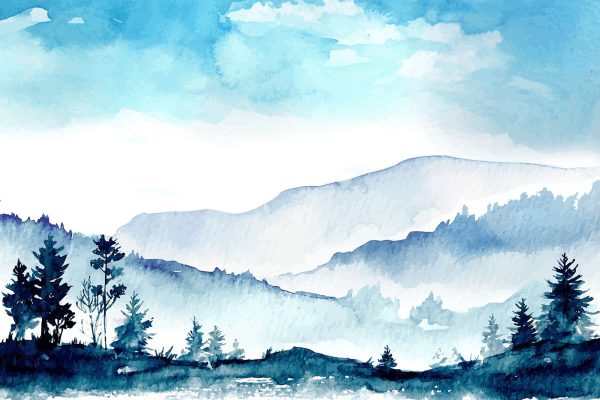 Watercolor of a mountain range and trees Watercolor of a mountain range and trees