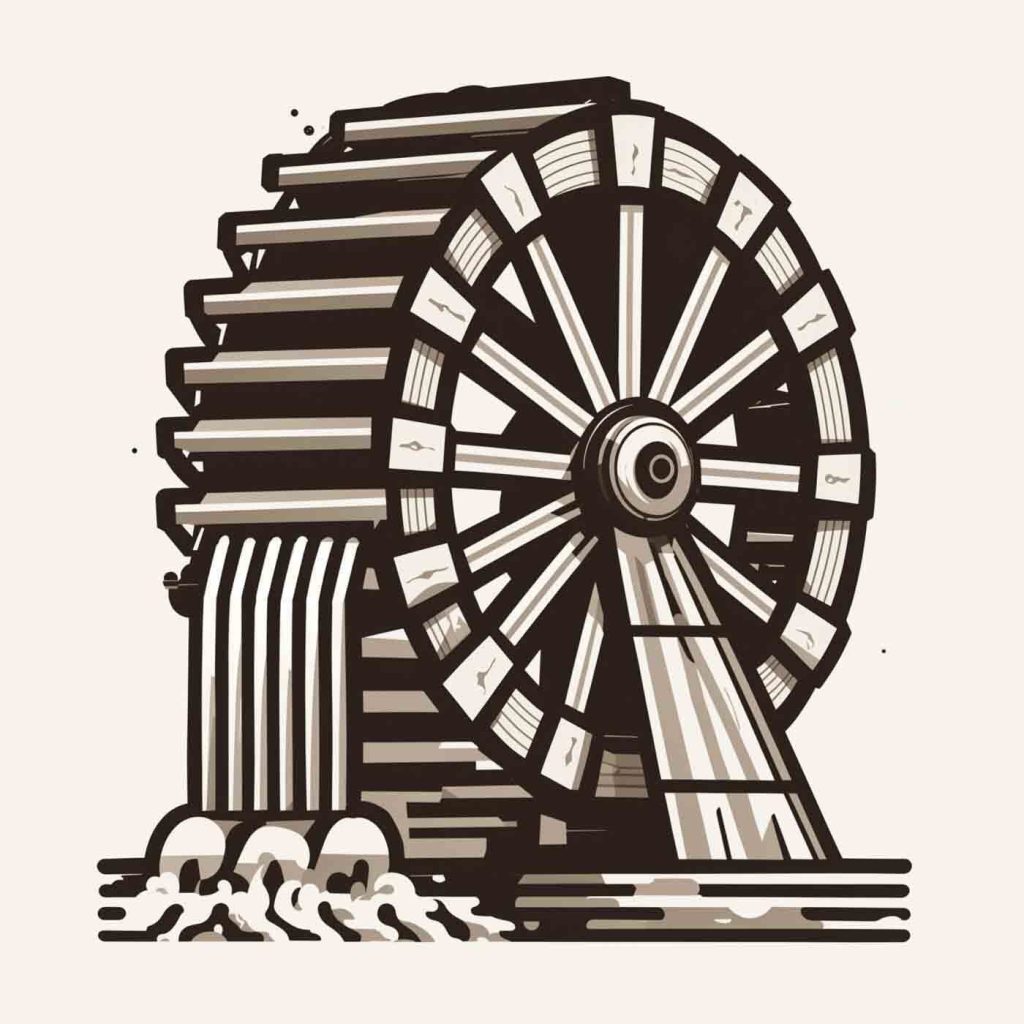 Water wheel with water running out of it Water wheel with water running out of it
