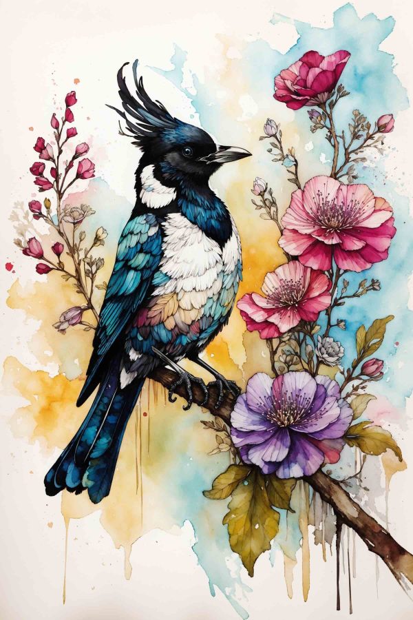 Bird on a branch with flowers Bird on a branch with flowers