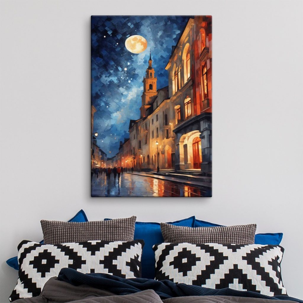 Street with buildings and a moon Street with buildings and a moon