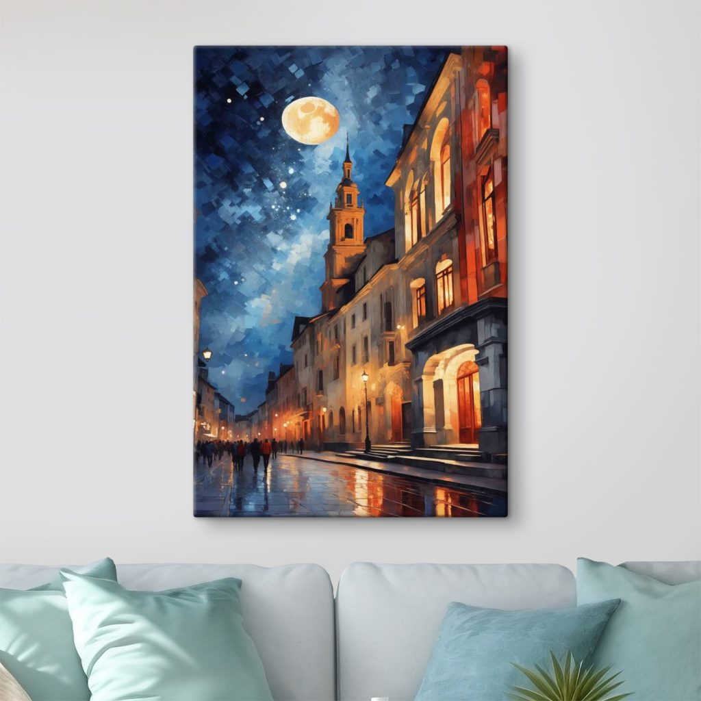 Street with buildings and a moon Street with buildings and a moon