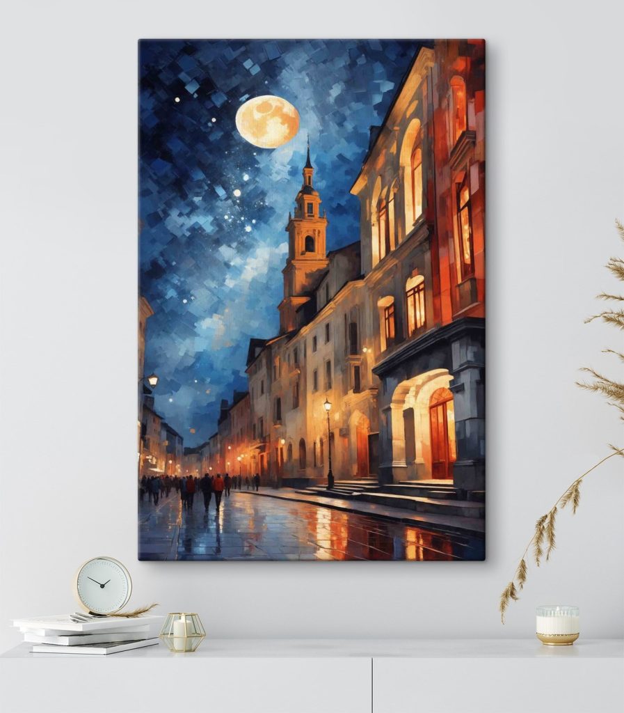 Street with buildings and a moon Street with buildings and a moon