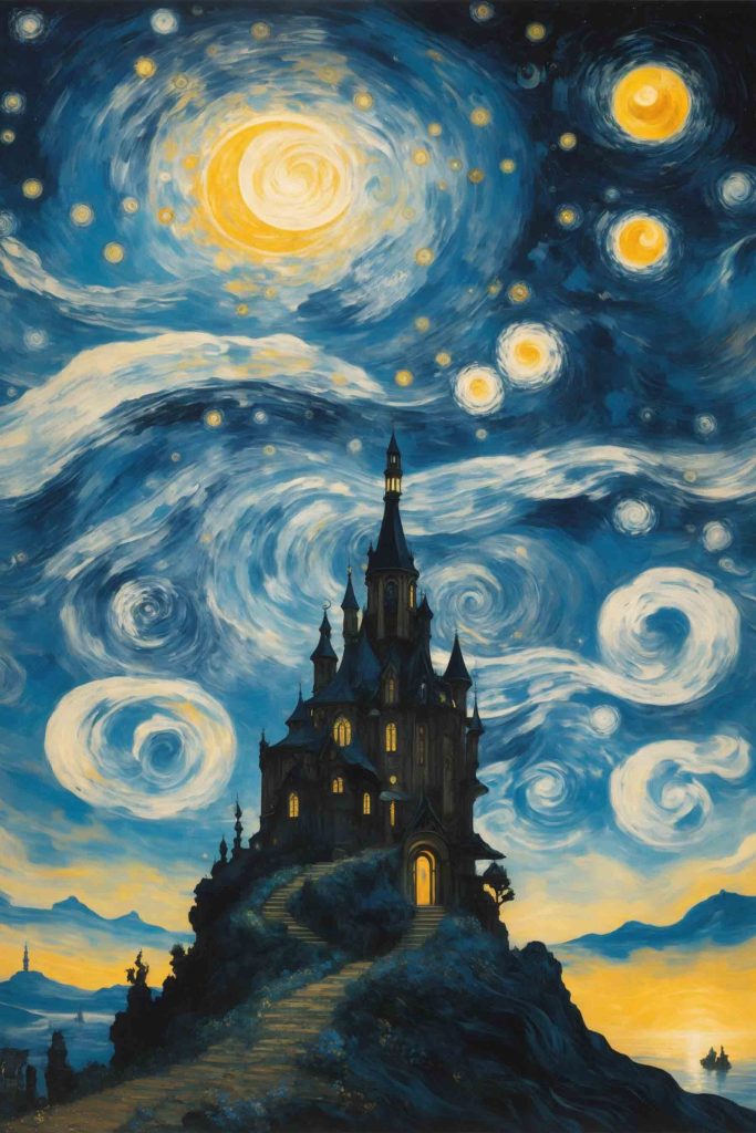 Painting of a castle in the night sky Painting of a castle in the night sky