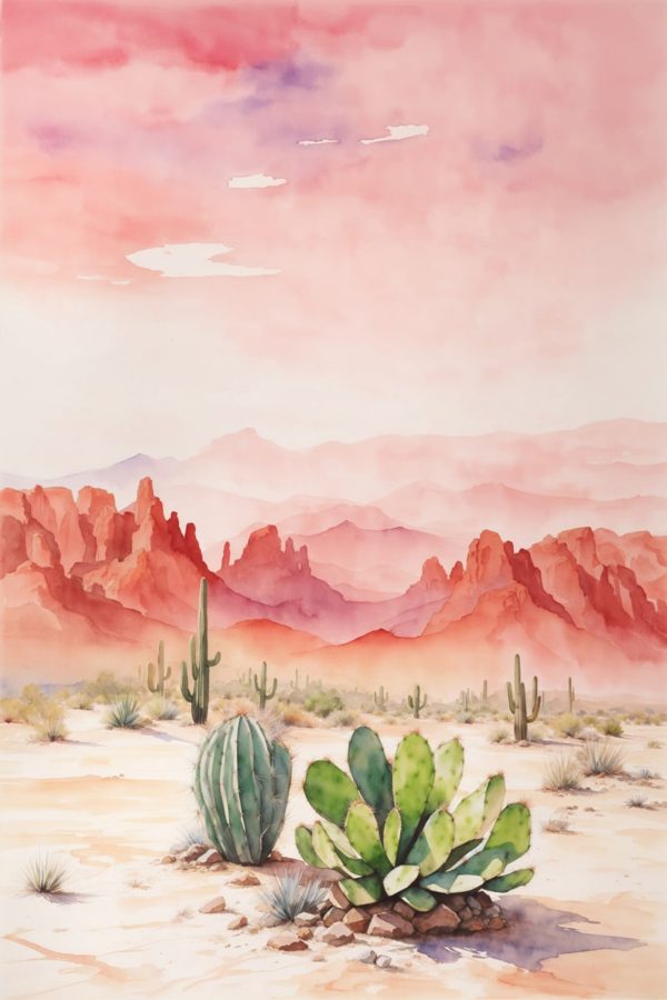 Watercolor painting of a desert landscape with cactuses and mountains Watercolor painting of a desert landscape with cactuses and mountains
