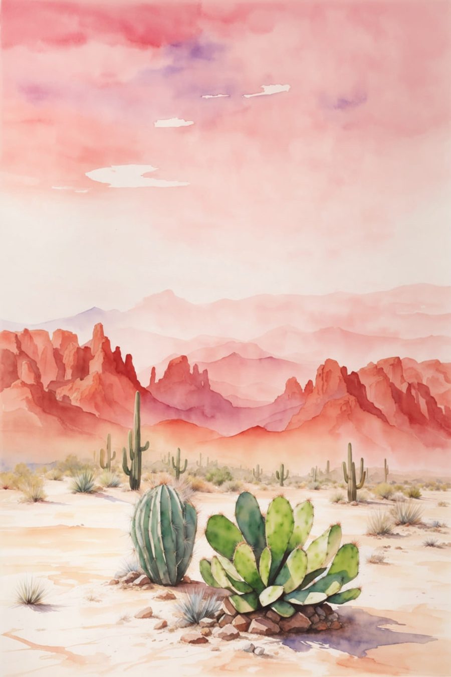 Watercolor painting of a desert landscape with cactuses and mountains Watercolor painting of a desert landscape with cactuses and mountains