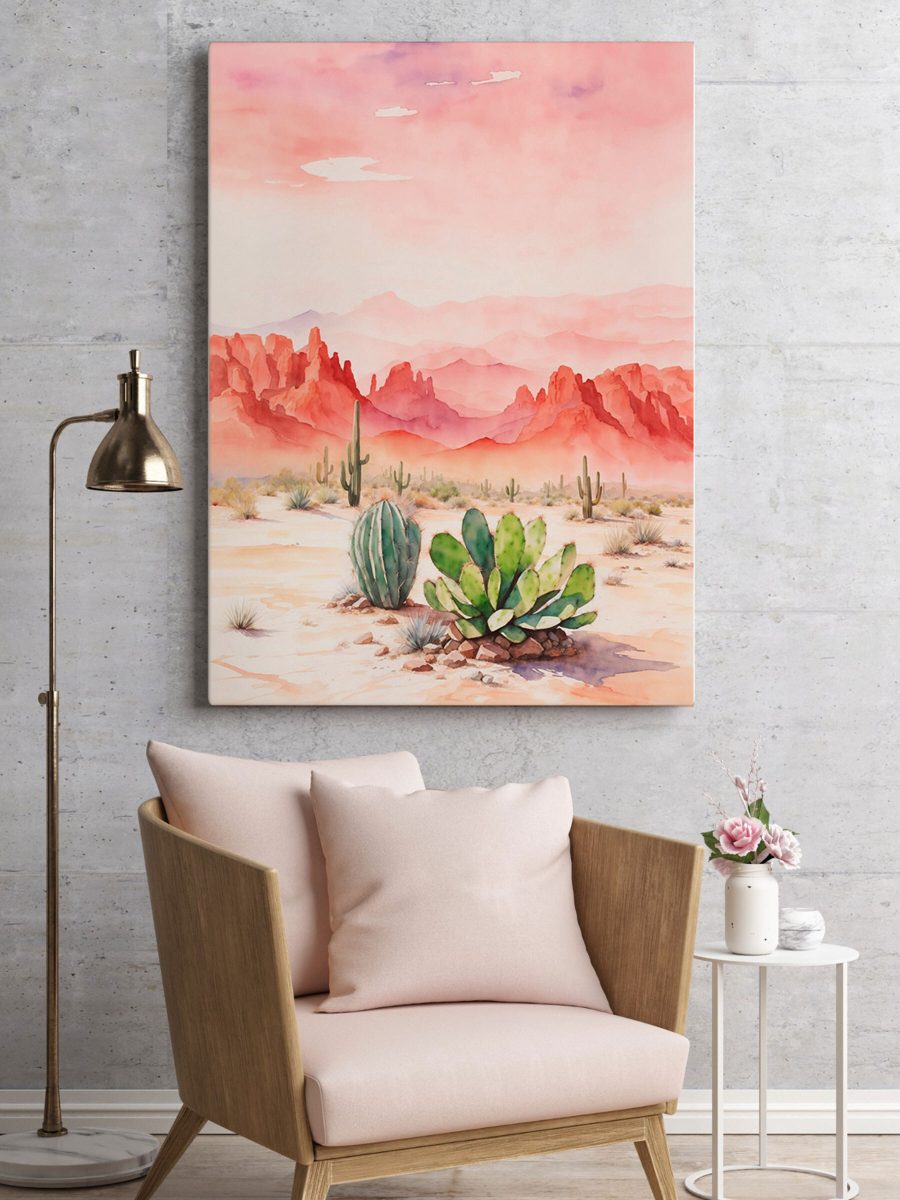 Watercolor painting of a desert landscape with cactuses and mountains Watercolor painting of a desert landscape with cactuses and mountains
