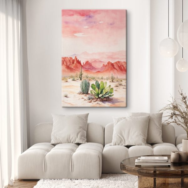 Watercolor painting of a desert landscape with cactuses and mountains Watercolor painting of a desert landscape with cactuses and mountains