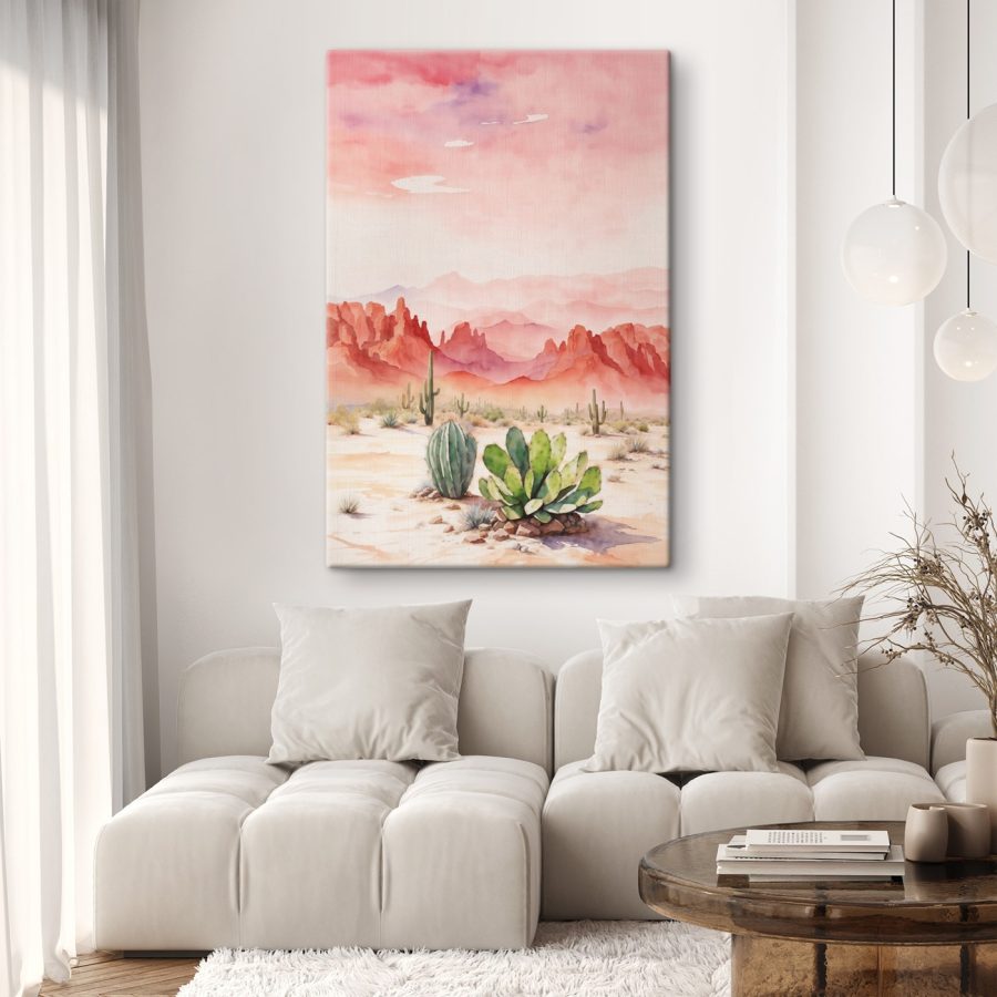 Watercolor painting of a desert landscape with cactuses and mountains Watercolor painting of a desert landscape with cactuses and mountains