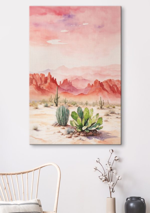 Watercolor painting of a desert landscape with cactuses and mountains Watercolor painting of a desert landscape with cactuses and mountains